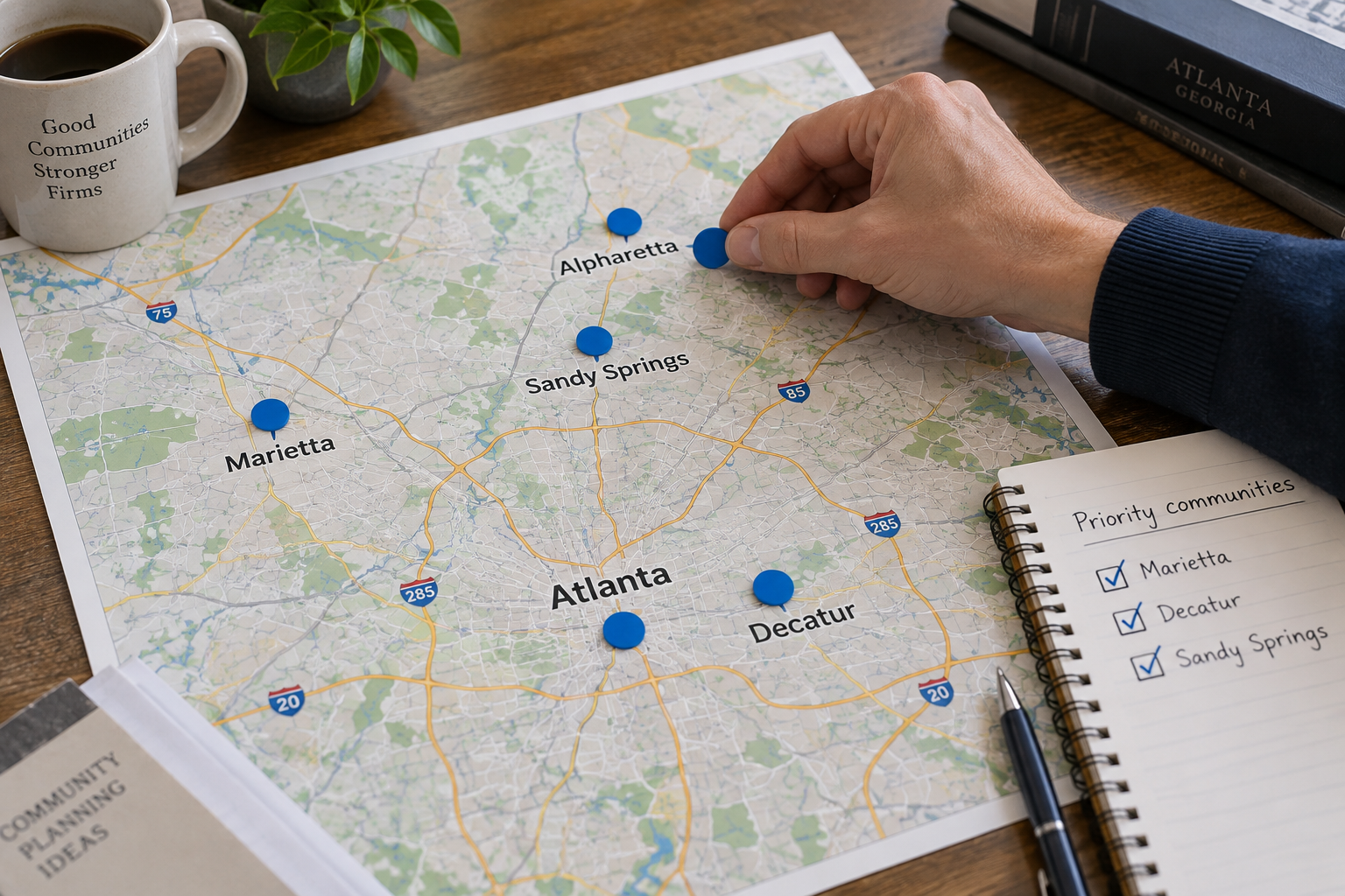 Illustration of selecting Atlanta-area communities for local websites using blue map markers and a priority checklist
