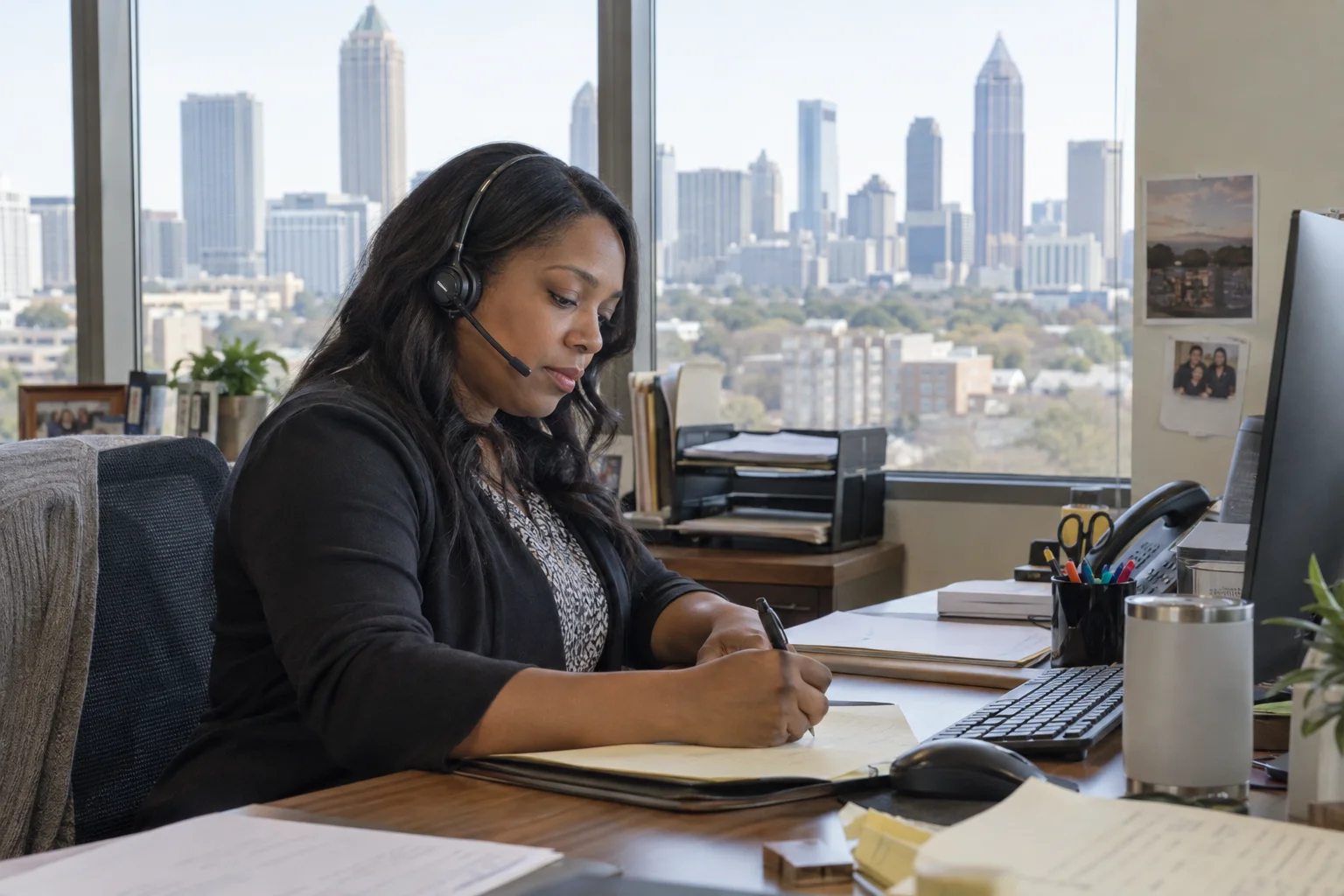 Professional wearing a headset and taking notes at an office desk