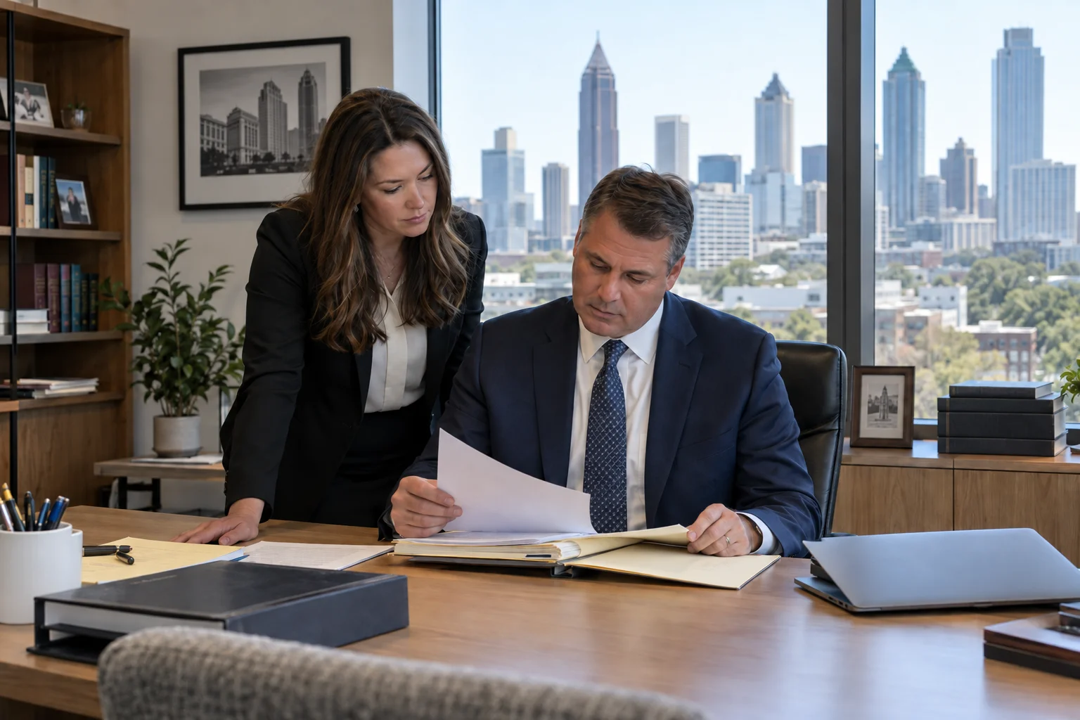 Attorneys reviewing a file in an office overlooking Atlanta