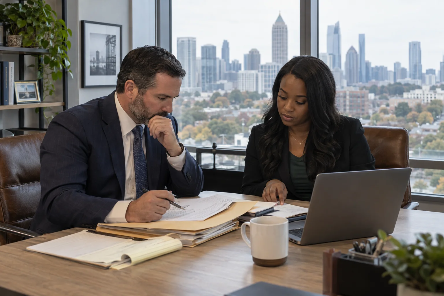 Two professionals reviewing an intake plan at a laptop in an Atlanta office