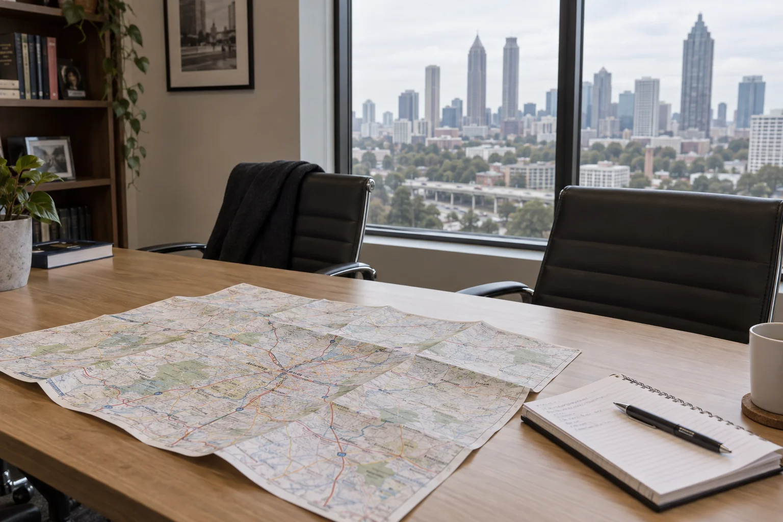 A printed metro map on a meeting table with Atlanta beyond the window