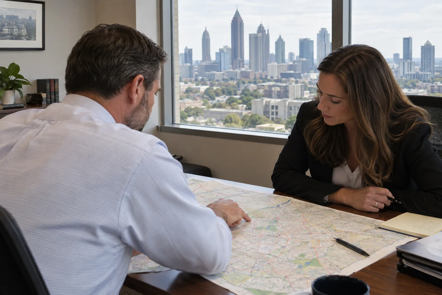 Law-firm colleagues reviewing an Atlanta metro map in their office