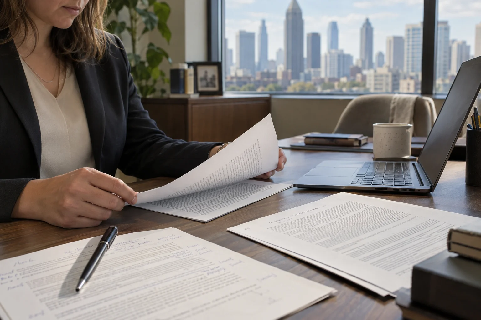 Article drafts and source material being reviewed at an office desk