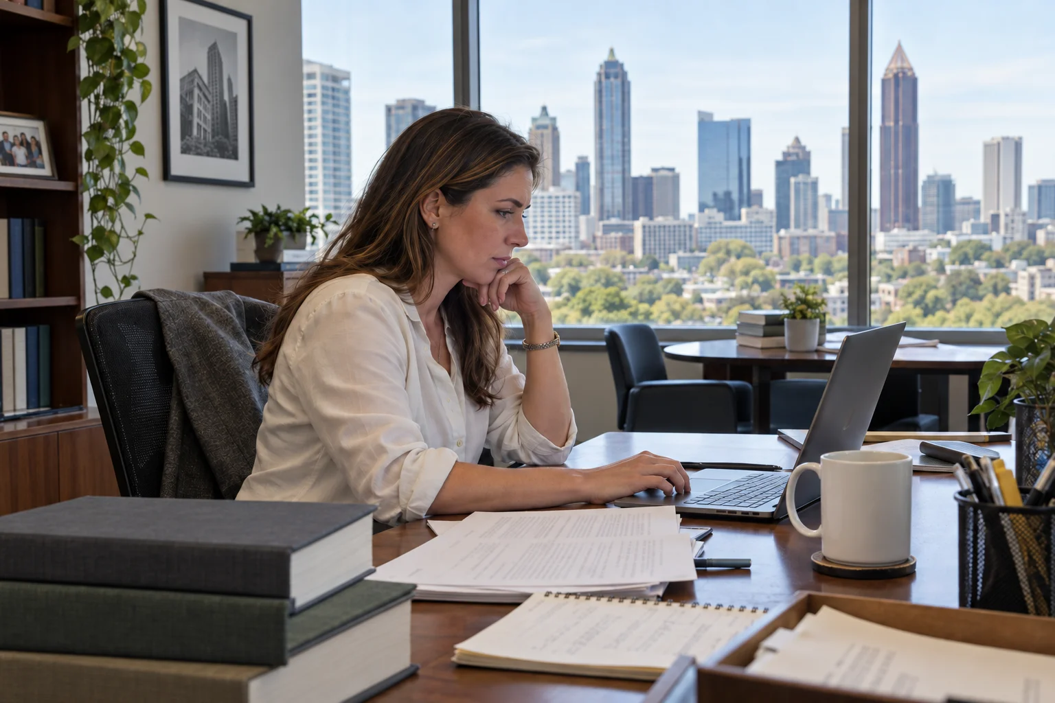 A professional researching an article in an Atlanta law office